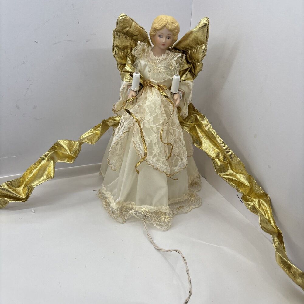 10 Light Angel Porcelain Tree Topper Gold 11"